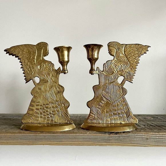 Brass angel candlestick set of two - Picture 1 of 6